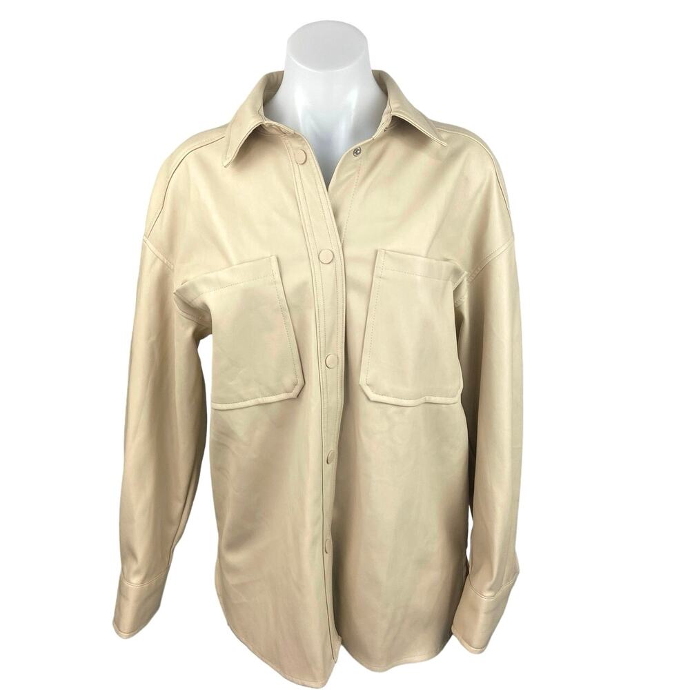 Primark Beige Faux Leather Button Down Long Sleeve Pockets Shirt Shaket Jacket 6